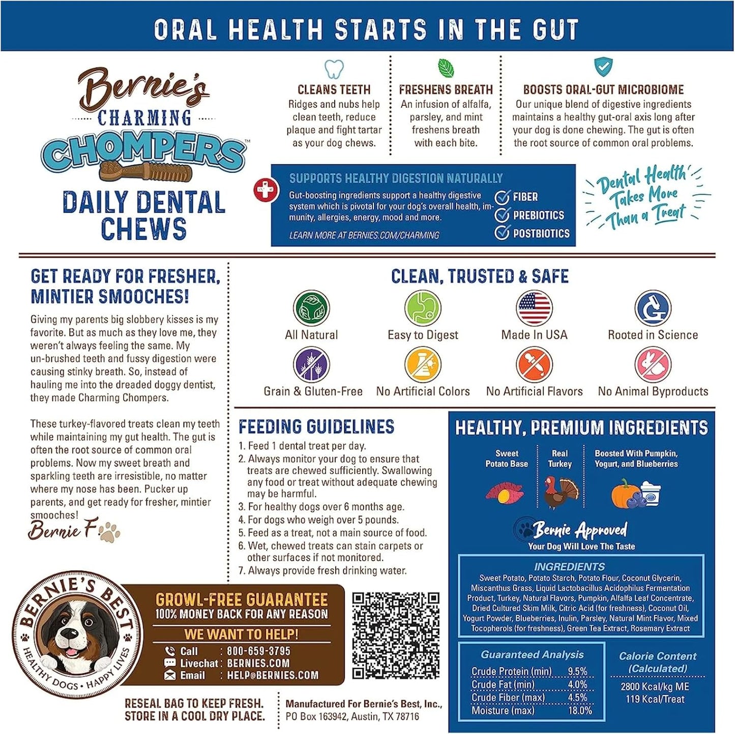 Bernie's Charming Chompers - Daily Dental Chews for Dogs 26-50 Lbs. - 18 Count - Cleans Teeth, Freshens Breath, + Boosts Oral-Gut Microbiome. Easy to Digest, Supports Healthy Digestion Naturally