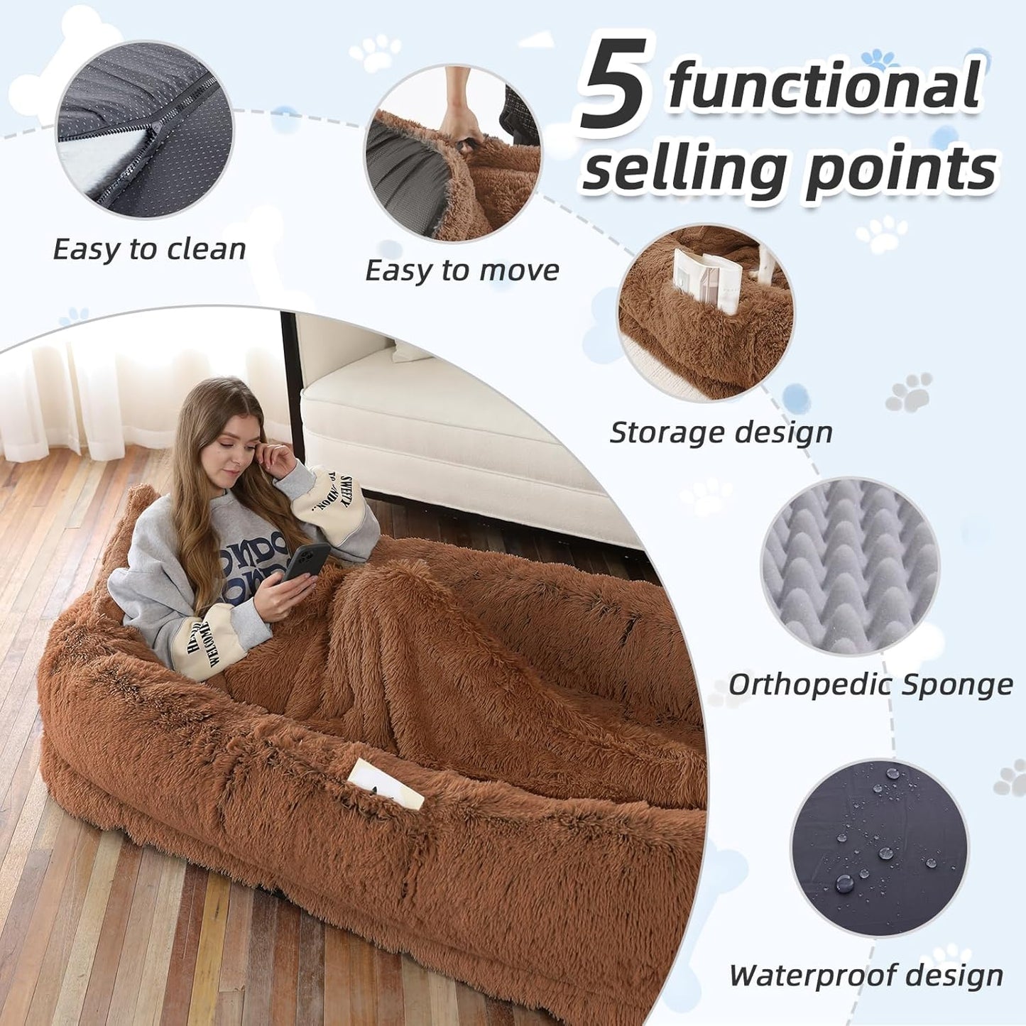 Human Dog Bed, Brown, 71''x45''x12'' Size Fits You and Pets, Washable Faux Fur Pet Bed for People Doze Off, Napping Orthopedic Dog Bed, Present Plump Pillow, Blanket, Strap