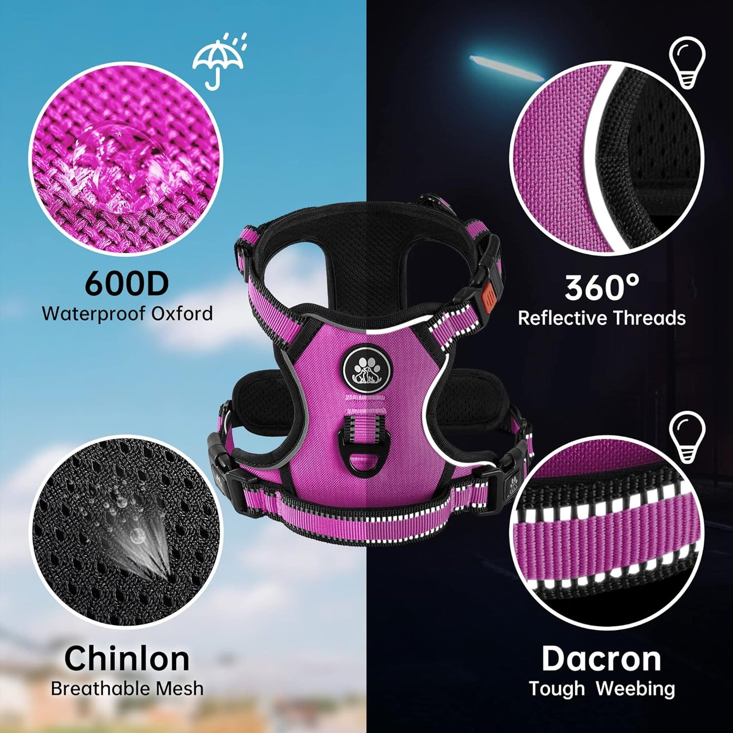 NESTROAD No Pull Dog Harness,Adjustable Oxford Dog Vest Harness with Leash,Reflective No-Choke Pet Harness with Easy Control Soft Handle for Small Dogs(Small,Fuchsia Pink)