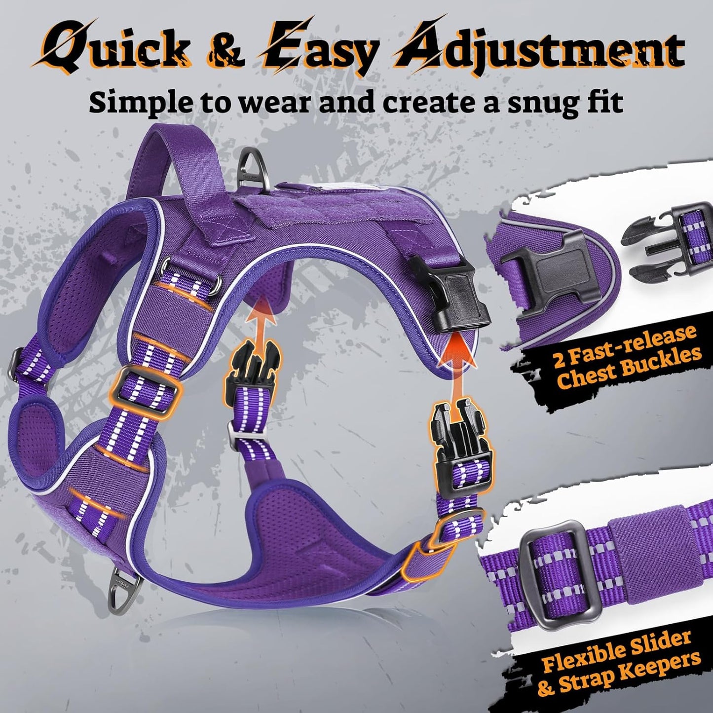 rabbitgoo Dog Harness Medium Sized No Pull, Tactical Service Pet Vest with Molle and Control Handle, Adjustable and Reflective Military Harness for Easy Walking and Training, Purple, M