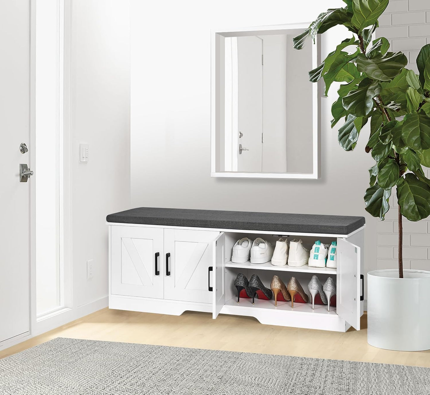 2-Tier Storage Bench, Shoe Bench with Padded Seat Cushion, Entryway Bench with 4 Barn Doors, Adjustable Shelf, 13.8" D x 47.2" W x 17.7" H, for Entryway, Living Room, Bedroom, White