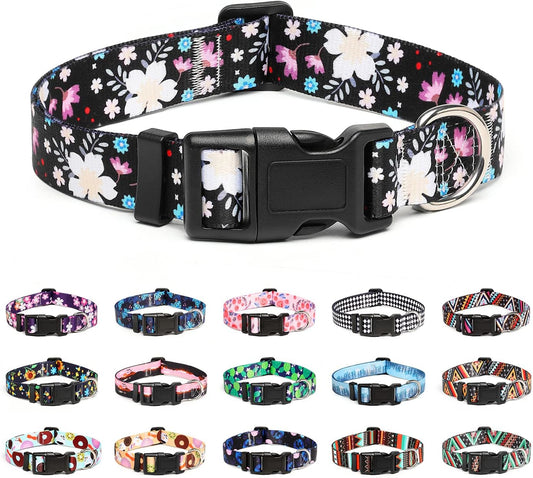 Mercano Adjustable Dog Collar - Special Design Patterns, Soft Nylon Comfortable Sturdy Pet Collar for Small Medium Large Dogs (M, Floral White)