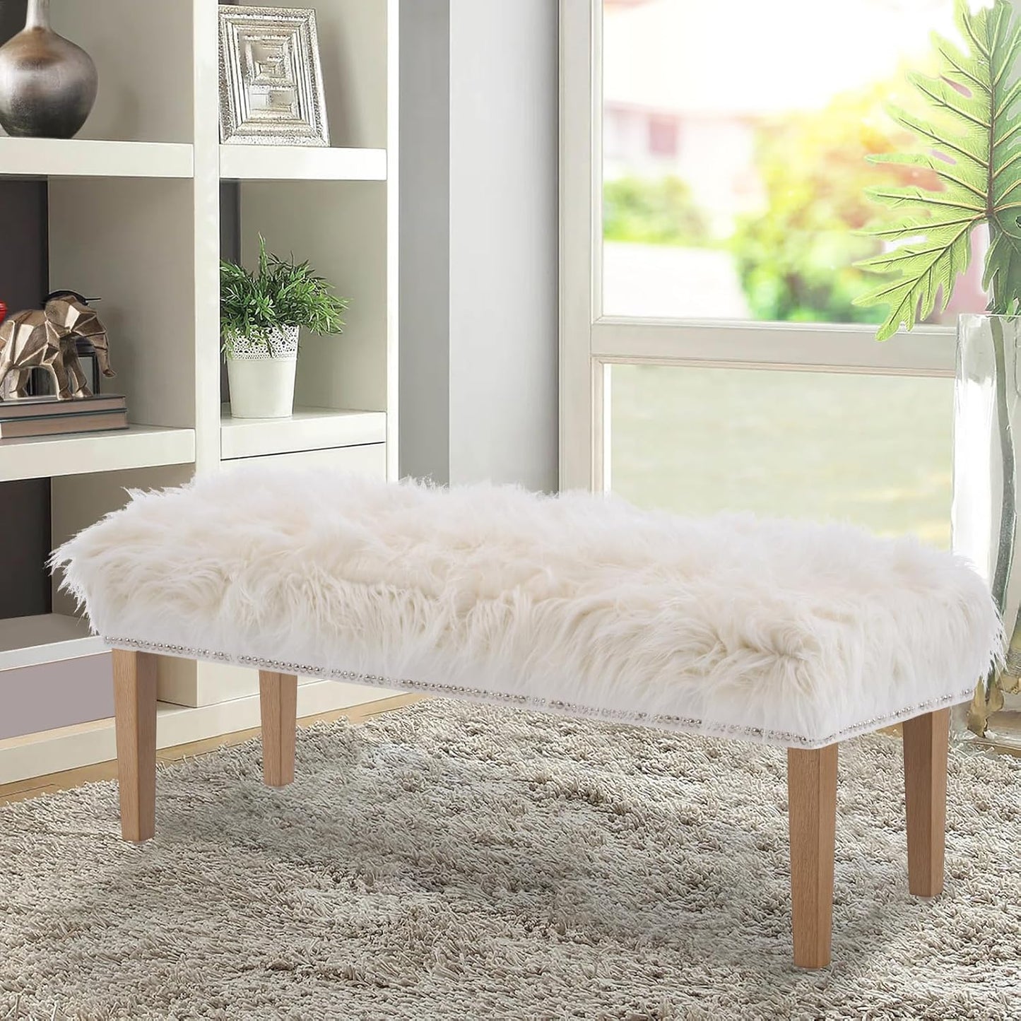 46 Inch White Bedroom Bench, Modern Multi-Purpose Bench with Wooden Legs, Faux Fur Upholstered, 3-Seater, 220 lbs Weight Capacity