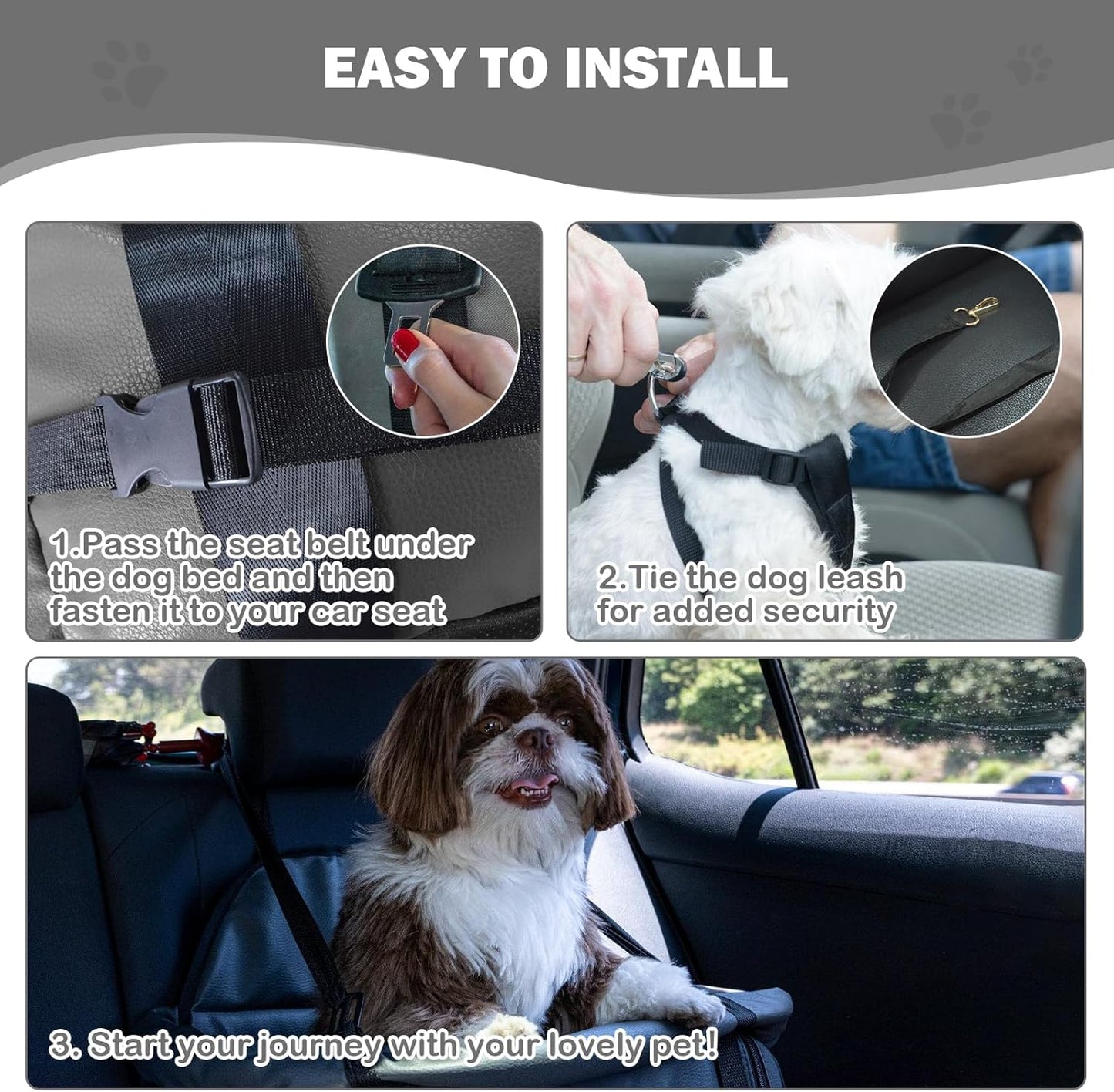 2 and 1 Center Console Dog Car Seat & Carrier for Small Dogs, Large Leather Dog Car Bed with Storage Pocket, Waterproof PVC Leather Seat Travel Bed for Front & Back Seat, Clip-On Safety Leash