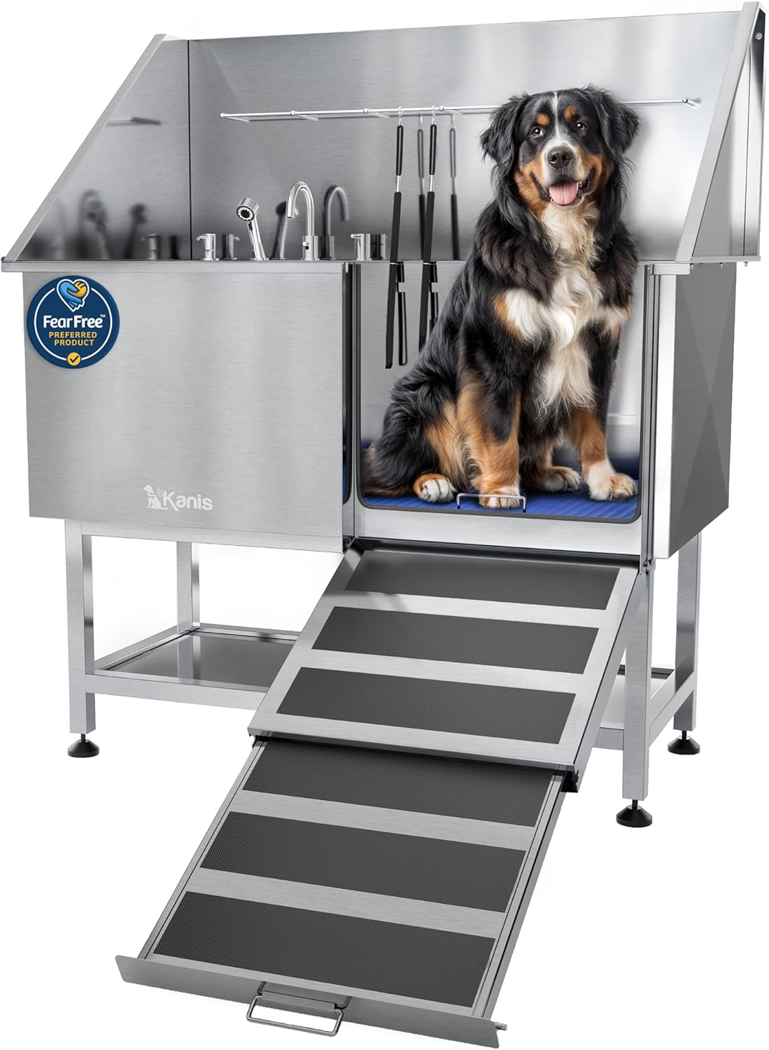 KANIS Professional Dog Washing Station - 304 Stainless Steel Pet Wash Sink & Grooming Bath Tub for Home with Ramp, Shower, Floor Grate, Storage Shelf, Faucet, Drain Kit for Large, Medium & Small Pets