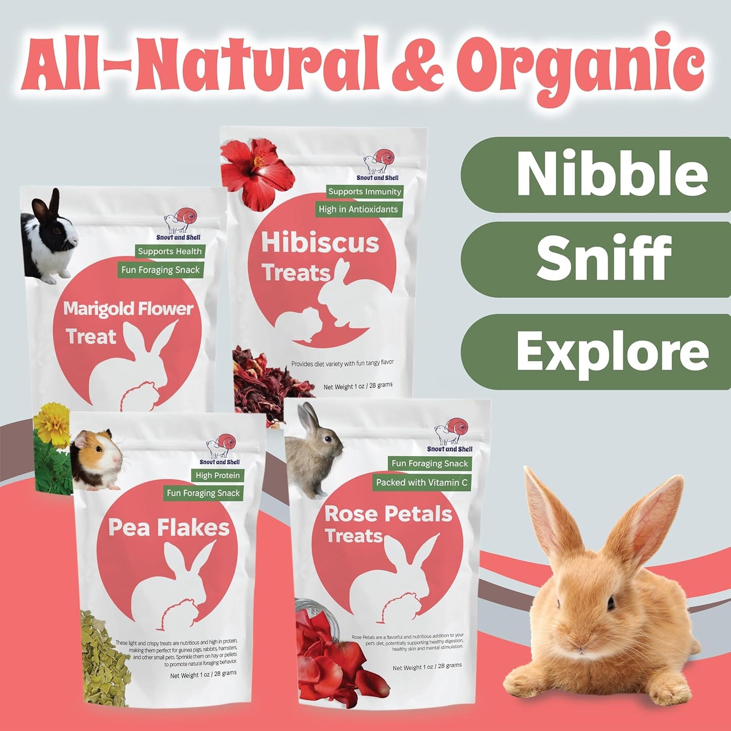 Snout and Shell Floral Favorites 4-in-1 Natural Treats for Small Pets – Pea Flakes, Marigold, Rose Petals & Hibiscus – Healthy Snacks for Rabbits, Guinea Pigs, Chinchillas & More