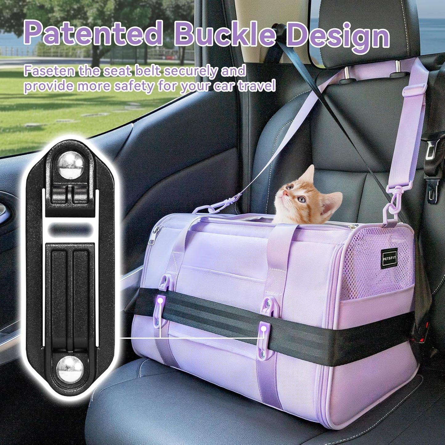 PETSFIT Soft-Sided Cat Carriers & Car Seats with Patent Safe Buckles, Clip-On Harness, 18"x11"x11" Airline Approved Pet Carrier - 9 lbs Capacity (Purple)