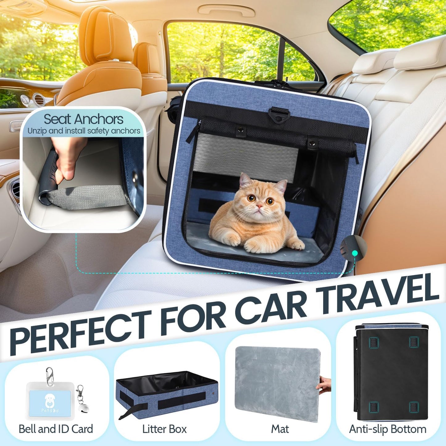 Petskd Extra Large Cat Carrier for 55LBS Pet Car Travel with Litter Box, 24"x17"x17" Soft Large Cats or Medium Dog Carrier with 5 Breathable Mesh Windows and Locking Zippers for Long Distance(Blue)