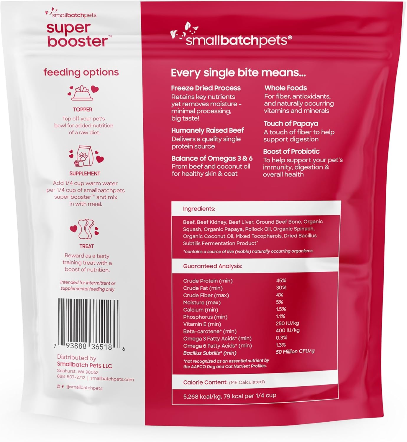 Smallbatch Freeze Dried Dog Treats, Superfood Food Topper Beef Bites for Dogs & Cats, Probiotics, Organic Ingredients, High Protein, Grain Free Healthy Treat Food Topper, Made in The USA, 18 oz Bag