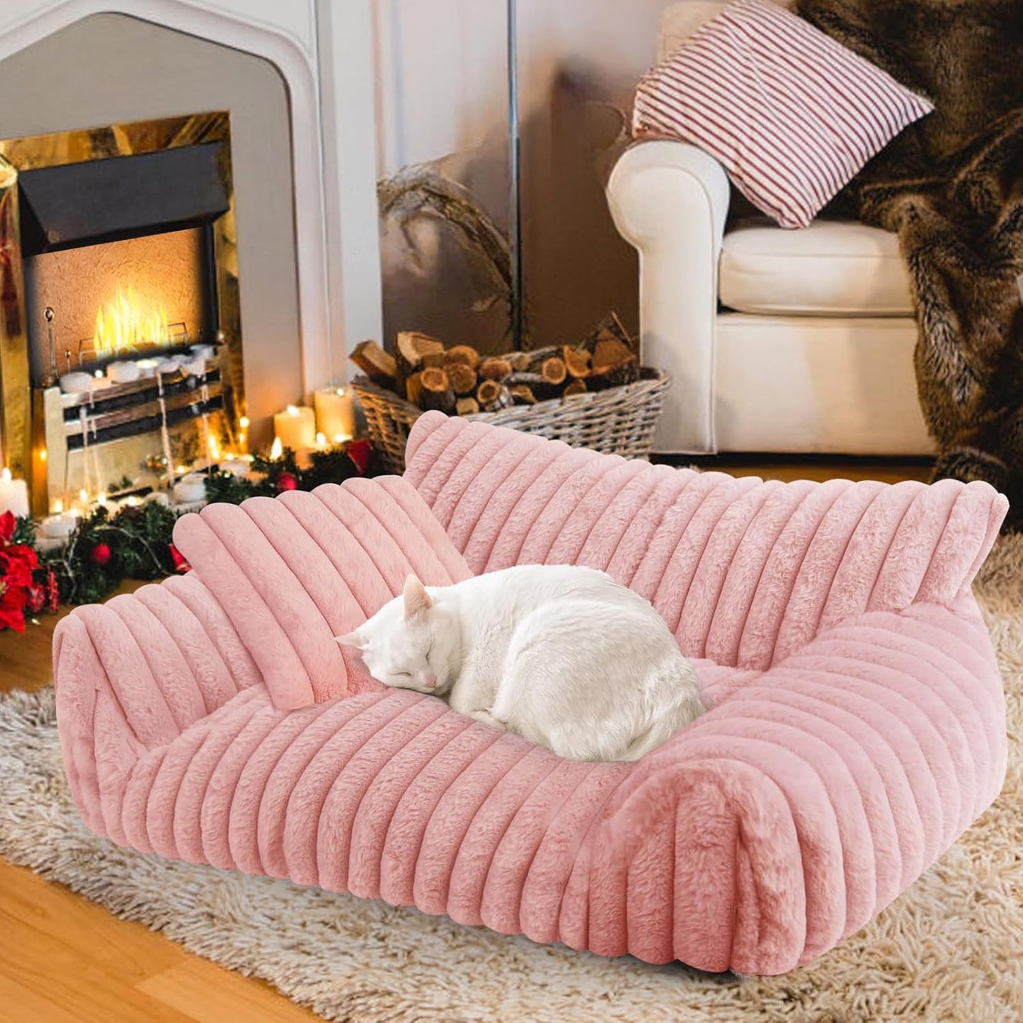 Cute Cat Couch Bed for Indoor Cats, Fluffy Pet Cat Sofa with Premium Soft Corduroy Fleece, Cute Small Dog Beds for Small Dogs, Fuzzy Puppy Chair with Removable Washable Cover (24x18x10,Pink)