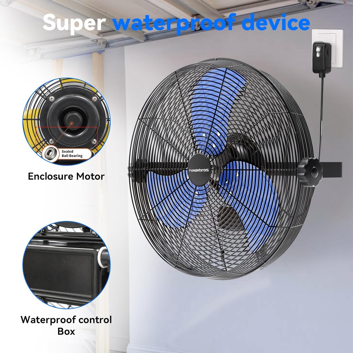 2600 CFM 14 inch Outdoor High Velocity Wall Mounted Fan, 3-Speed Metal Fans with IP44 Enclosure Motor, Industrial Grade Weatherproof Wall Fan for Patio, Greenhouse, Garage, and Gazebo