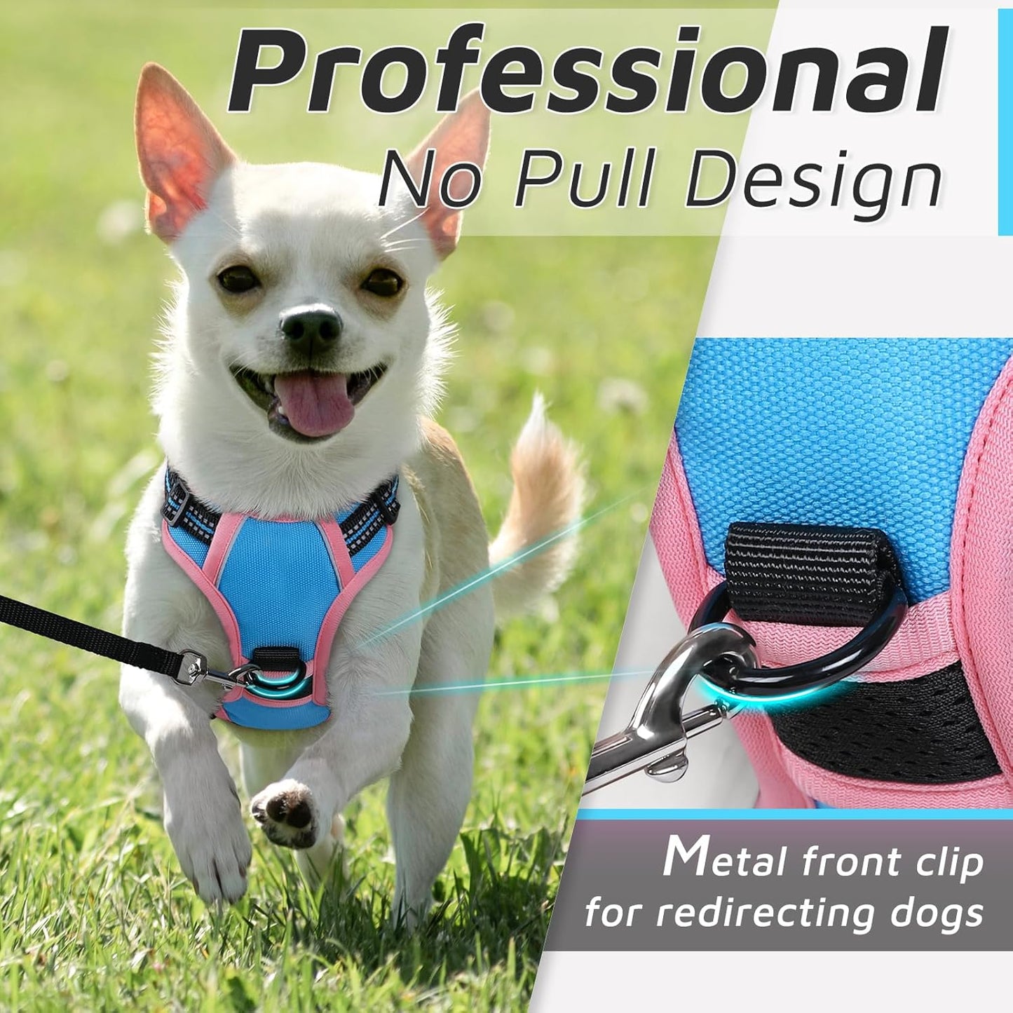 Eagloo Small Dog Harness No Pull, Service Vest with Reflective Strips and Control Handle, Adjustable and Comfortable for Walking, No Choke Pet Harness with 2 Metal Rings, Pink & Blue, XS