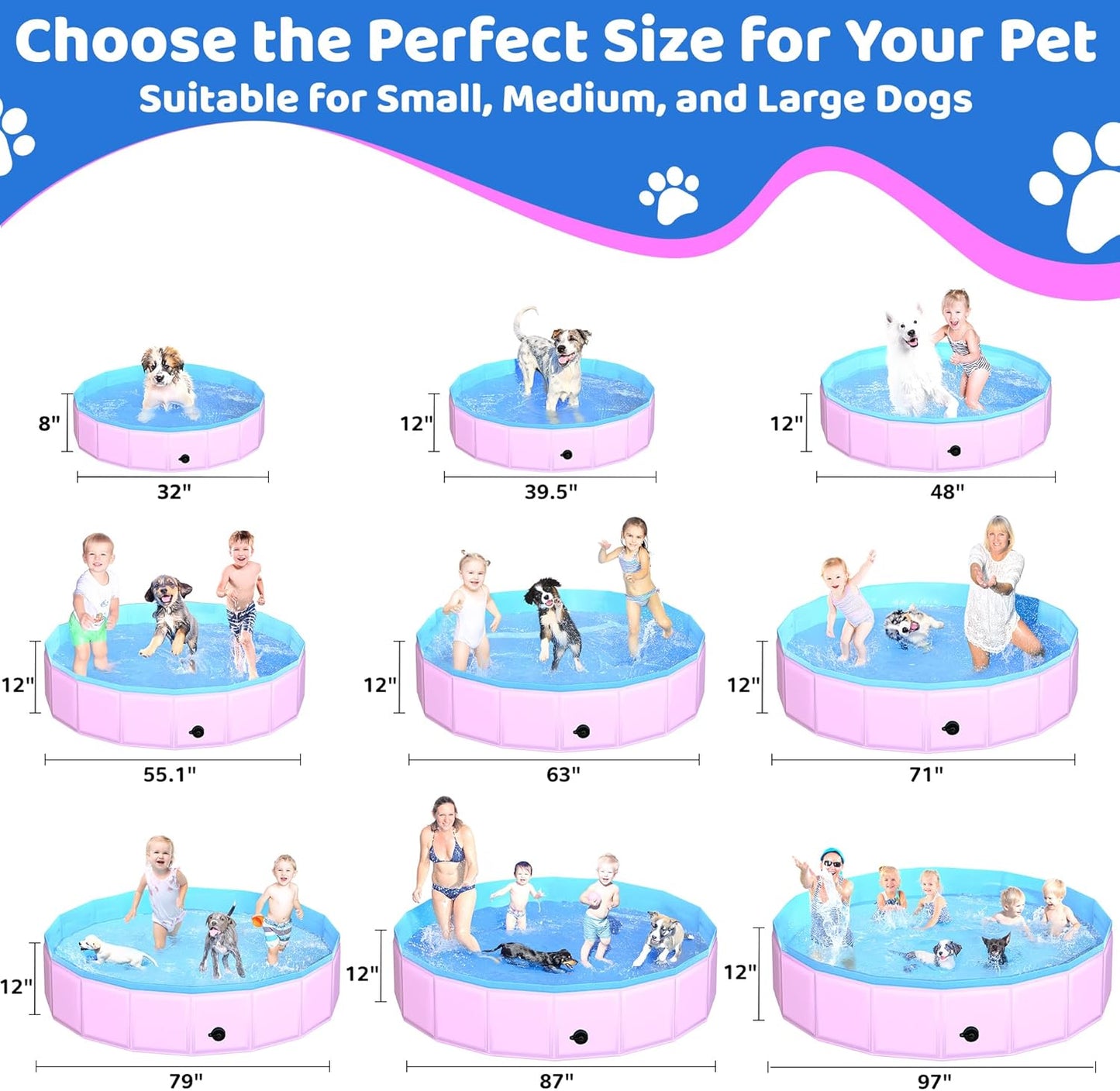 2025 Updated Foldable Dog Pool, 97" x 12" Kiddie Pool with Hard Plastic, Non-Slip Dog Bath Tub for Outdoor Backyard, Collapsible Dog Swimming Pool for Kids Dogs Pets (Pink)