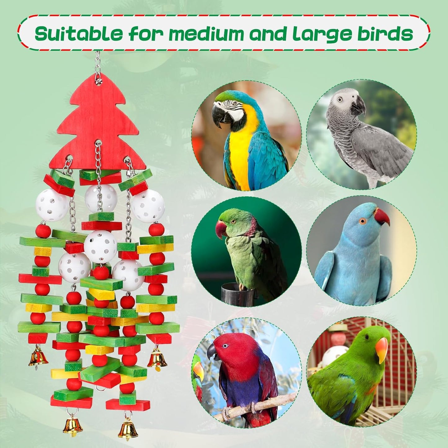 MEWTOGO Christmas Large Bird Toy - Natural Wooden Parrot Chewing Toy With Colorful Edible Blocks for Macaw African Grey Amazon Parrots, Xmas Gifts Bird Playing (Red)