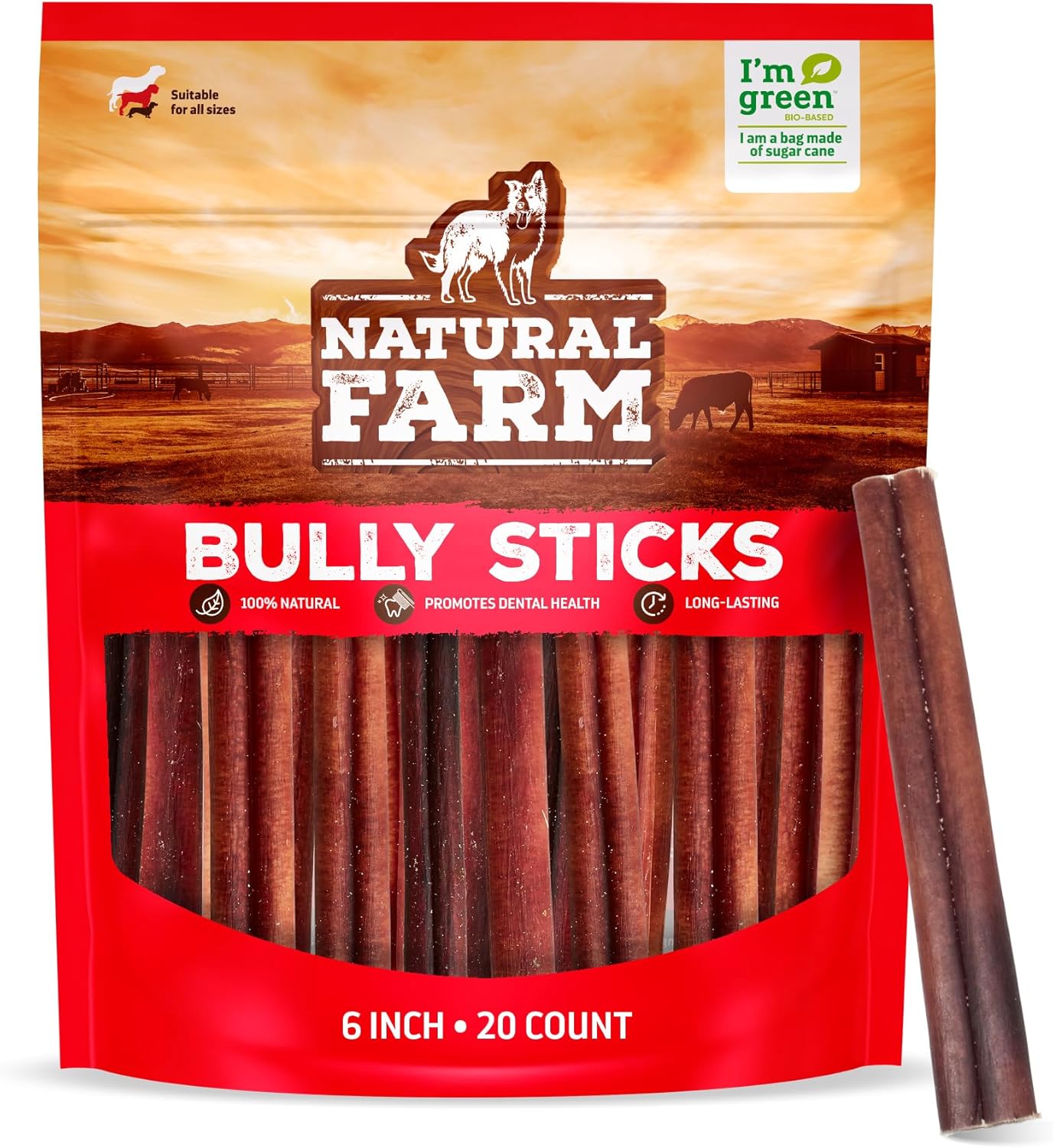 Natural Farm Odor-Free Bully Sticks (6 Inch, 20 Pack), 100% Beef Chews for Pups, Small and Medium Dogs, Non-GMO, Grain-Free, Fully Digestible, Natural Treats to Keep Your Dog Busy