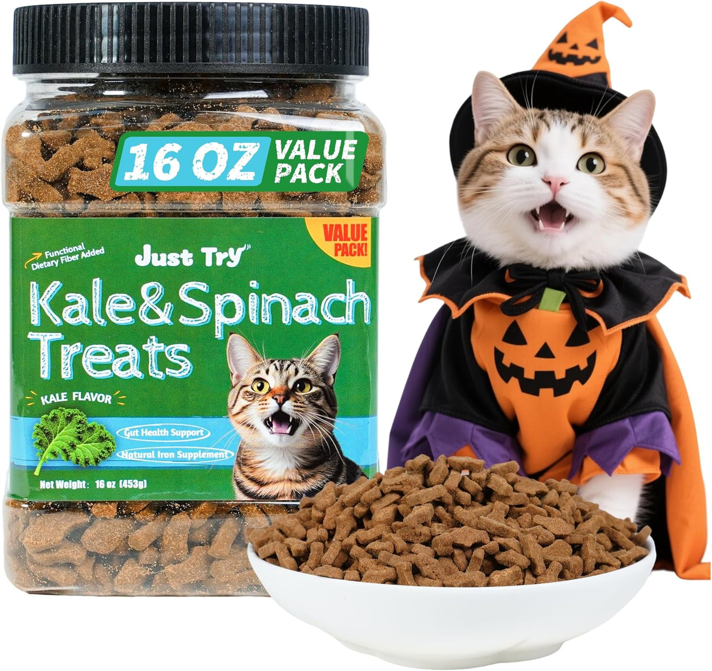 Just Try 16 OZ Kale & Spinach Cat Treats for Indoor Cats, Gluten Free, Low-Calorie Healthy Cat Snacks, Plant-Based Fiber-Rich Natural Chicken Flavor Training Treats
