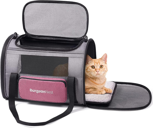 BurgeonNest Cat Carriers for Medium Puppy Under 25 lbs, Pet Carrier for Cats with Unique Side Bag,Top Load Small Pet Bag Soft-Sided Escape Proof with 4 Ventilated Windows