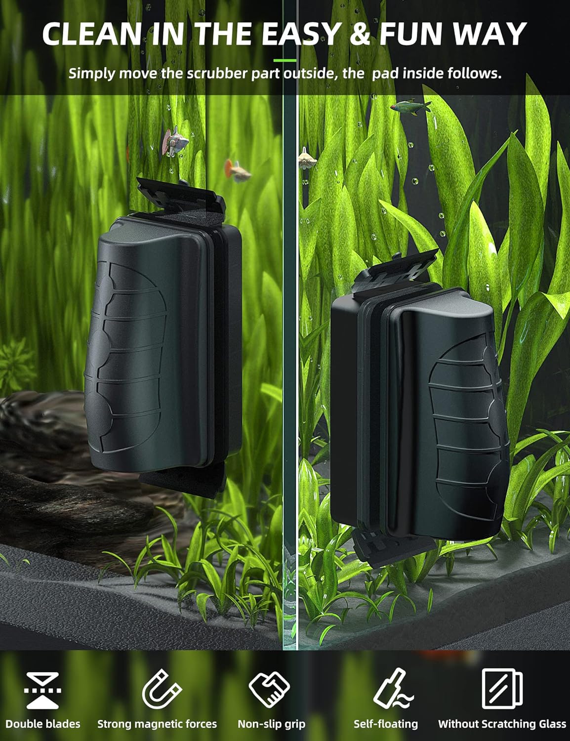 Jasonwell Magnetic Aquarium Fish Tank Cleaner Magnet Scraper for Glass Aquariums Cleaning Tools Scrubber Floating Brush (M)