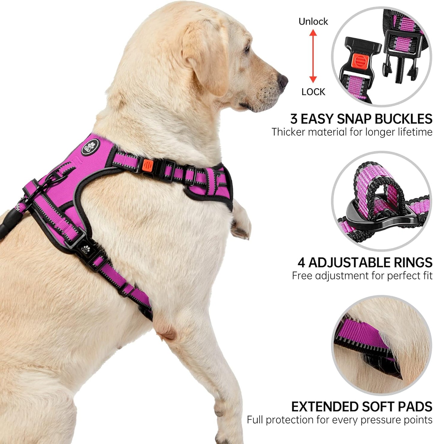 NESTROAD No Pull Dog Harness,Adjustable Oxford Dog Vest Harness with Leash,Reflective No-Choke Pet Harness with Easy Control Soft Handle for Large Dogs(Large,Fuchsia Pink)