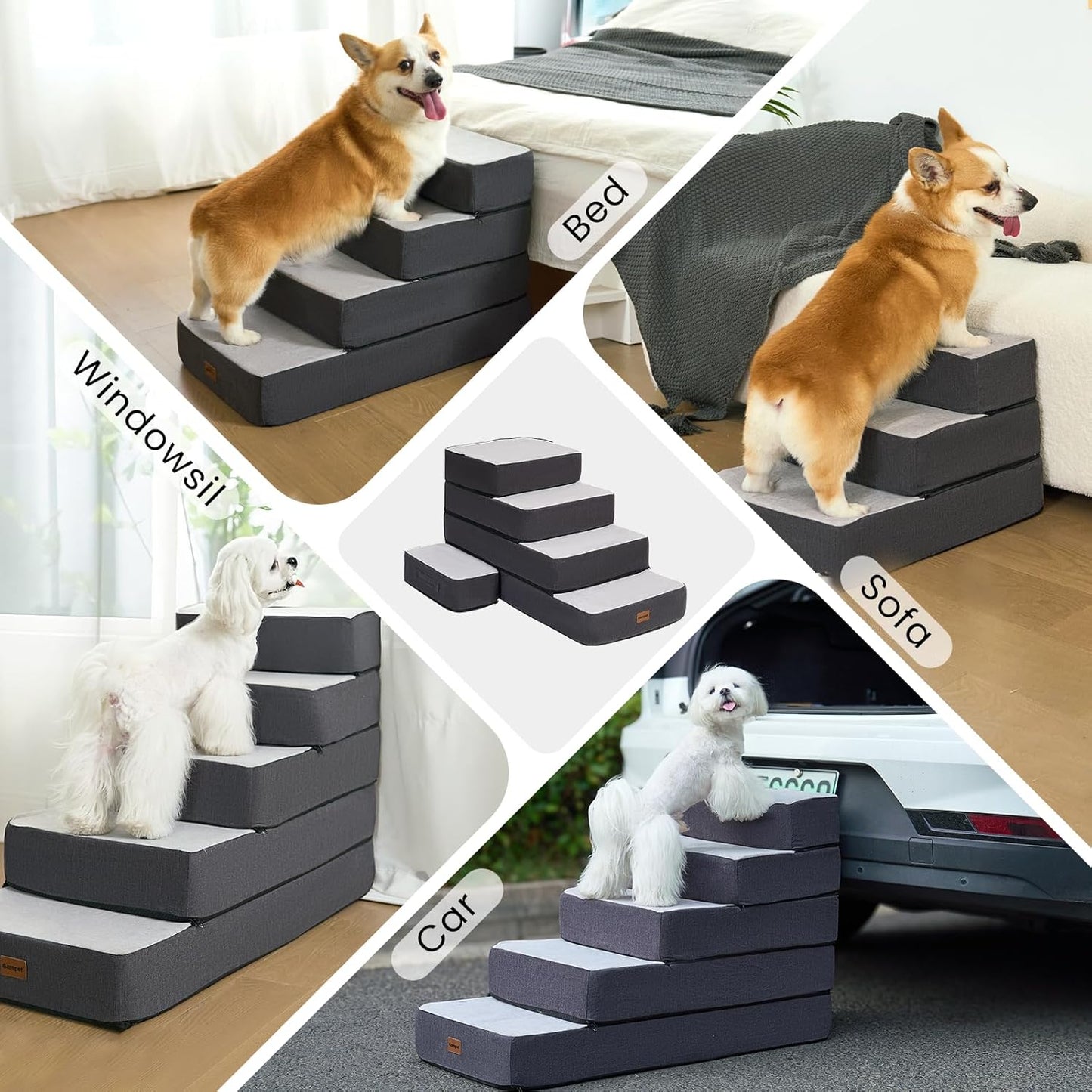 4-Step Adjustable Dog Stairs for Beds, Dog Steps for Small Dogs and Cats, Foldable Pet Stairs for Bed Climbing, Non-Slip Pet Step Indoor, Grey