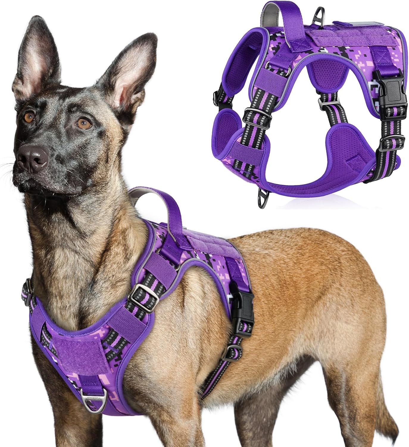 rabbitgoo Tactical Dog Harness for Large Dogs, No Pull Military Service Vest with Handle & Molle, Easy Control for Training Walking, Adjustable Reflective Straps, Purple Camo, L