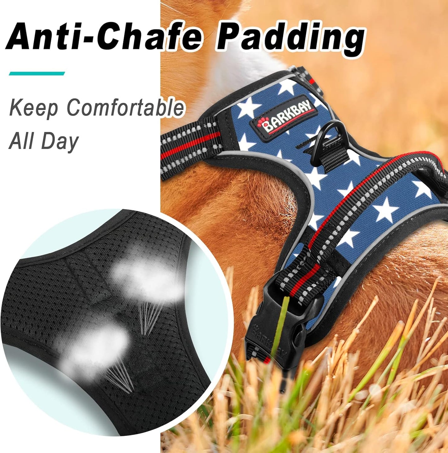 BARKBAY No Pull Dog Harness Large Step in Reflective Dog Harness with Front Clip and Easy Control Handle for Walking Training Running(Star,L)