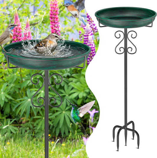 Metal Bird Bath for Outside,Bird Baths Feeder Bowl with 5 Prongs Base Stake,Freestanding BirdBaths for Outdoors Garden Patio Yard Lawn Decor (Vintage Green)