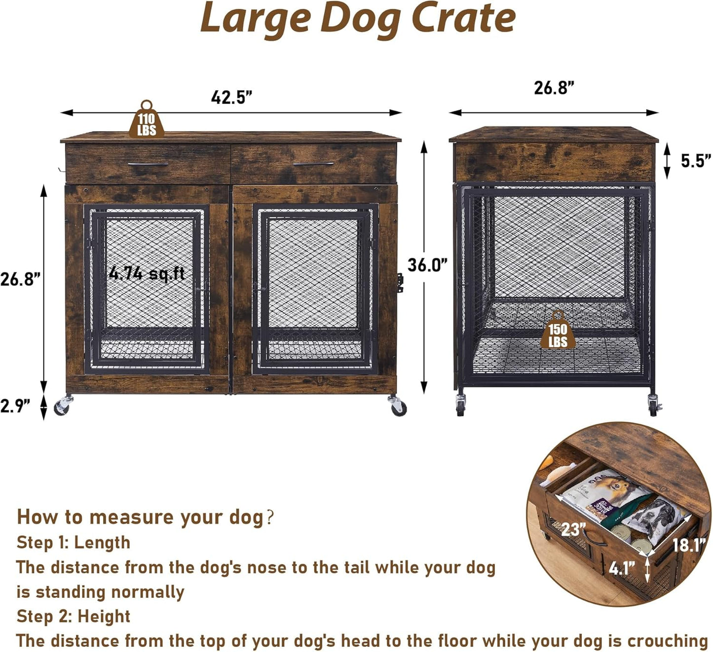 43" Large Dog Crate Furniture, Wood Dog Kennel End Table with Drawers, Decorative Pet Crate with Removable Partitions & Wheels, Dog House Indoor for Large/Medium/Small Dogs