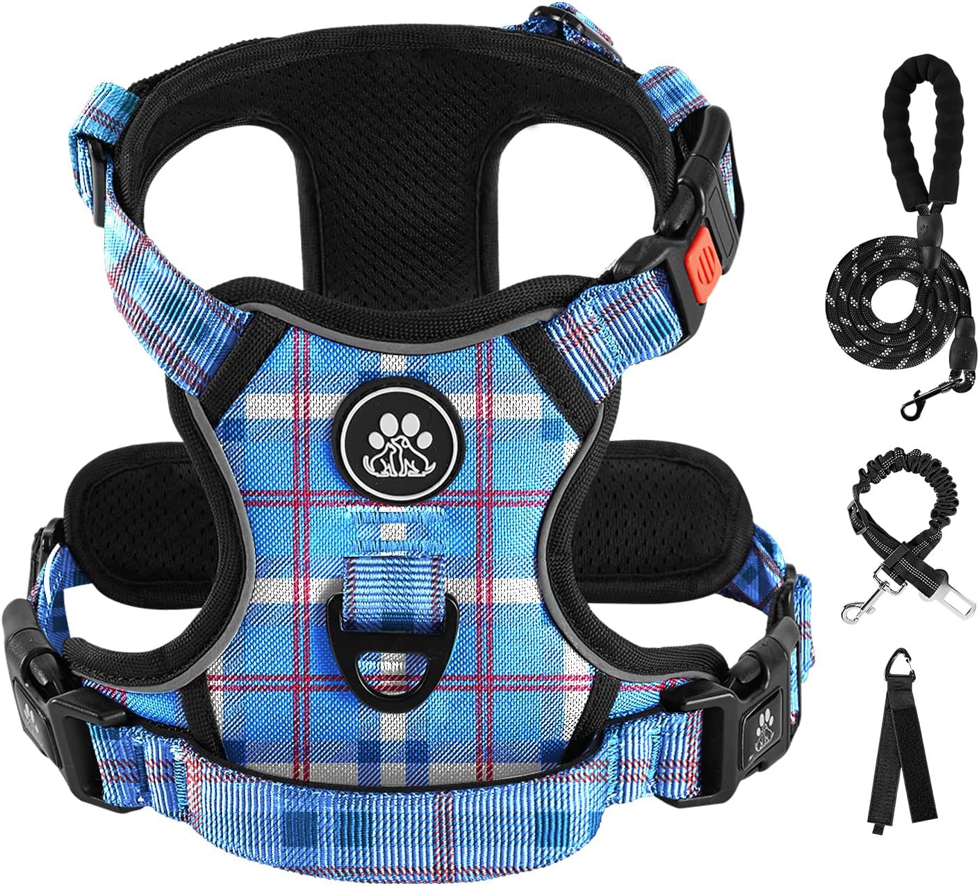 IVY&LANE No Pull Dog Harness with Leash Set, Reflective No Choke Pet Vest,Adjustable Oxford Dog Vest Harness with Easy Control Handle for Large Dogs (Checkered Blue,L)
