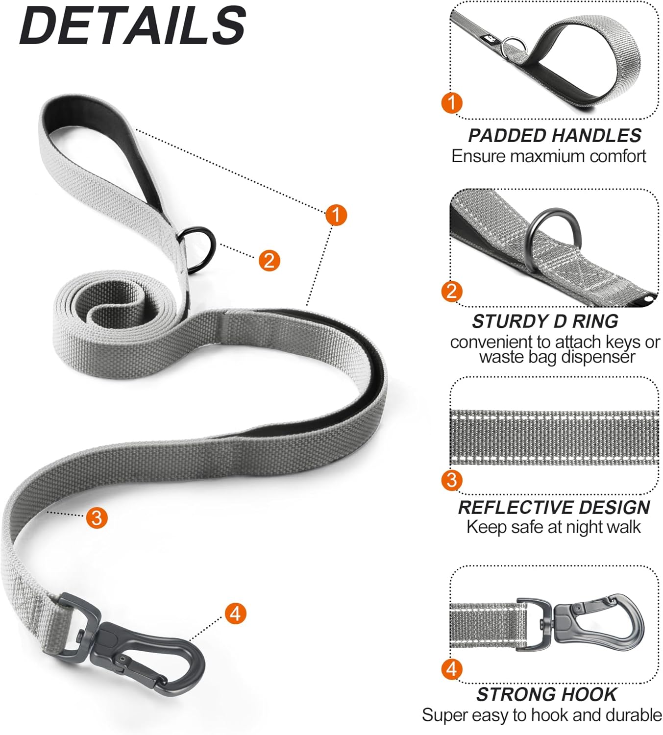 TwoEar 5FT 1IN Strong Gray Dog Leash with 2 Padded Handles, Traffic Handle Extra Control, Comfortable Soft Dual Handle, Auto Lock Hook, Reflective Walking Lead for Small Medium and Large Dogs