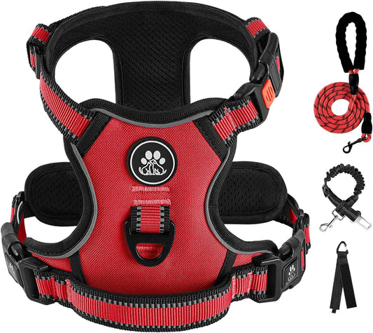 IVY&LANE No Pull Dog Harness for Large Dogs, Dog Vest Harness with Leash, Safety Belt and Storage Strap, Fully Adjustable Harness, 360° Reflective Strip, Soft Handle (Red, L)