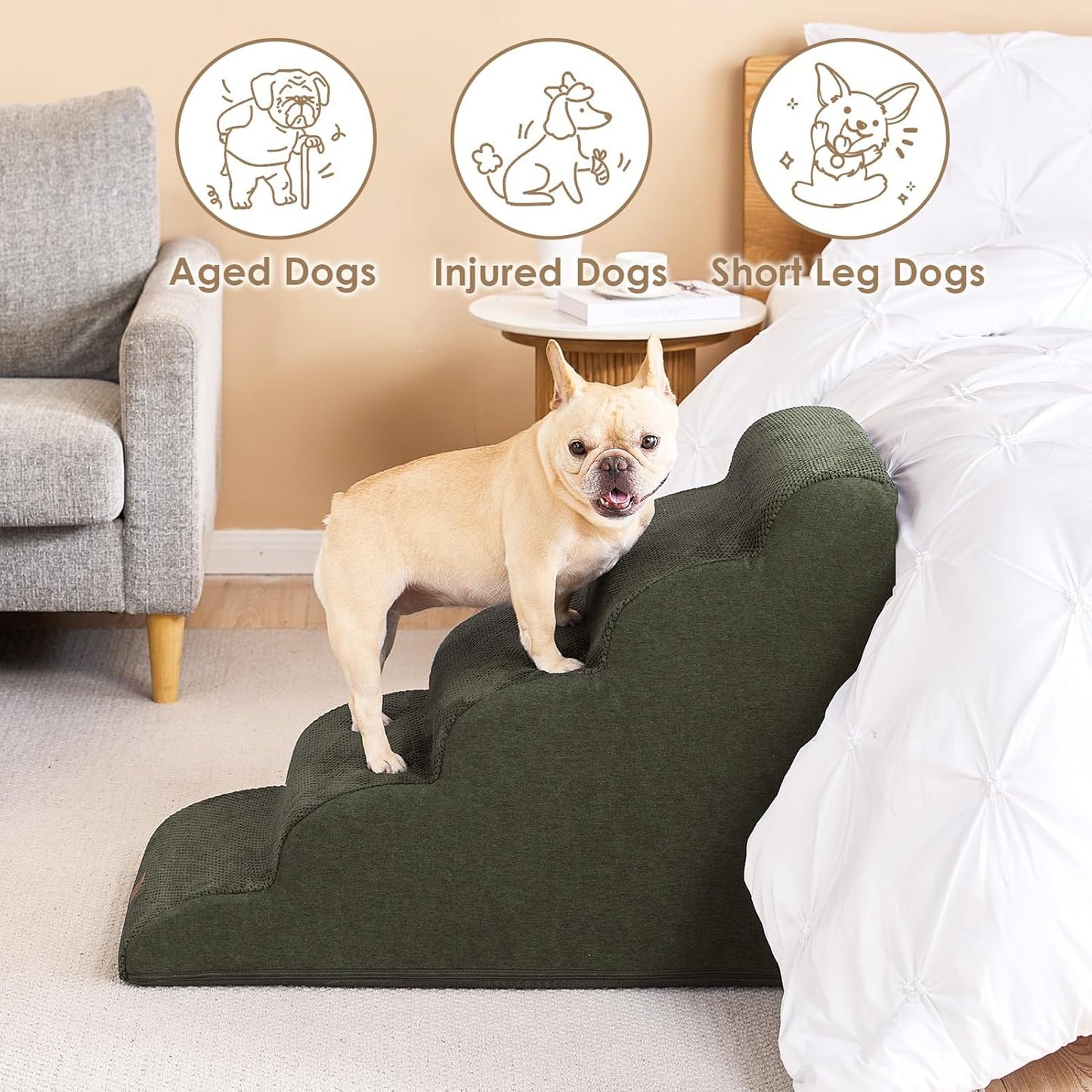 EHEYCIGA Curved Dog Stairs Ramp for High Beds 22.6" H, 5-Step Dog Steps for Small Dogs and Cats, Pet Stairs for High Bed Climbing, Non-Slip Balanced Pet Step Indoor, Olive Green