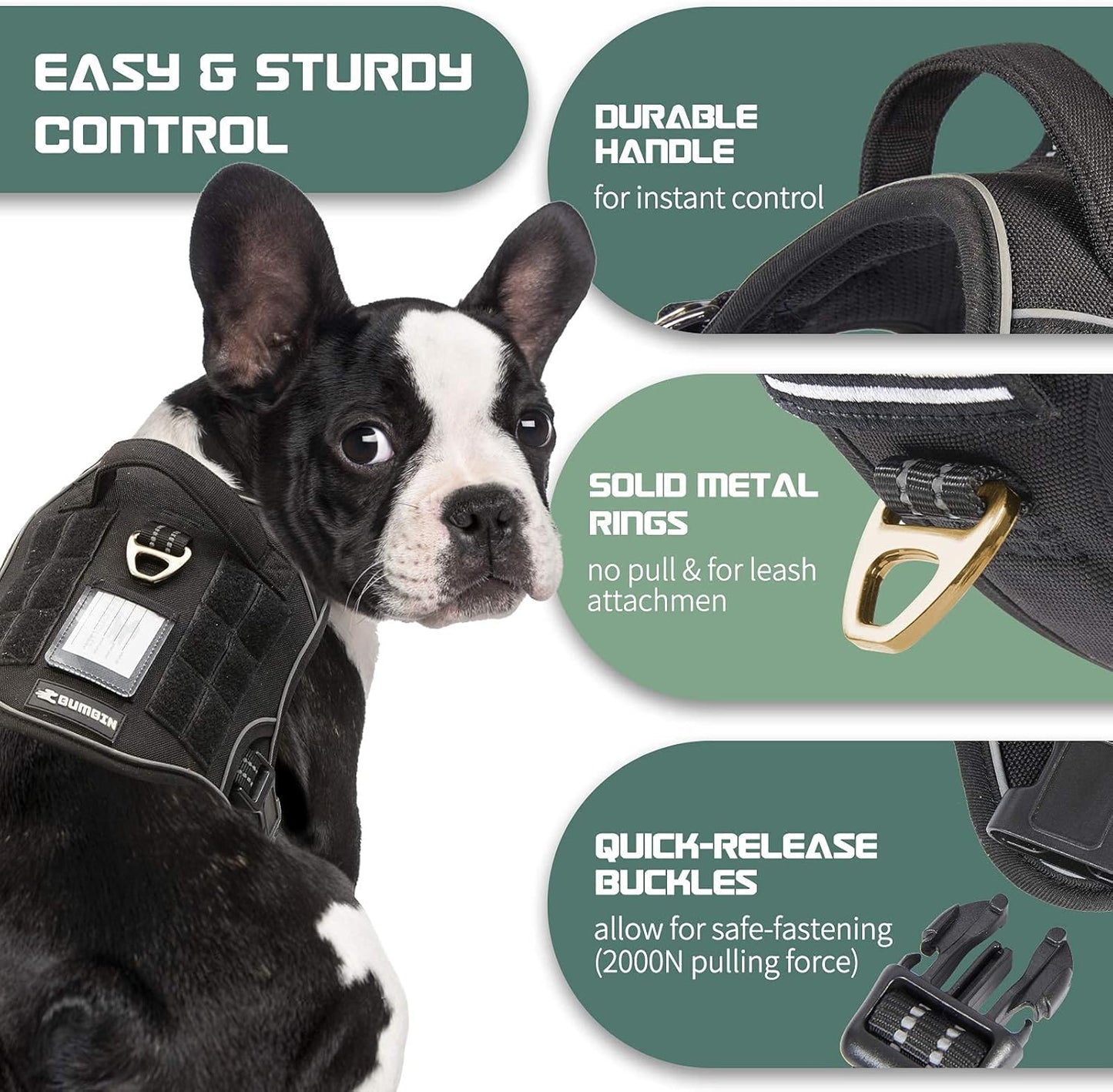 BUMBIN Tactical Dog Harness for Medium Dogs, No Pull, Reflective, Adjustable, Black, M(Neck:16-20", Chest:17-27")