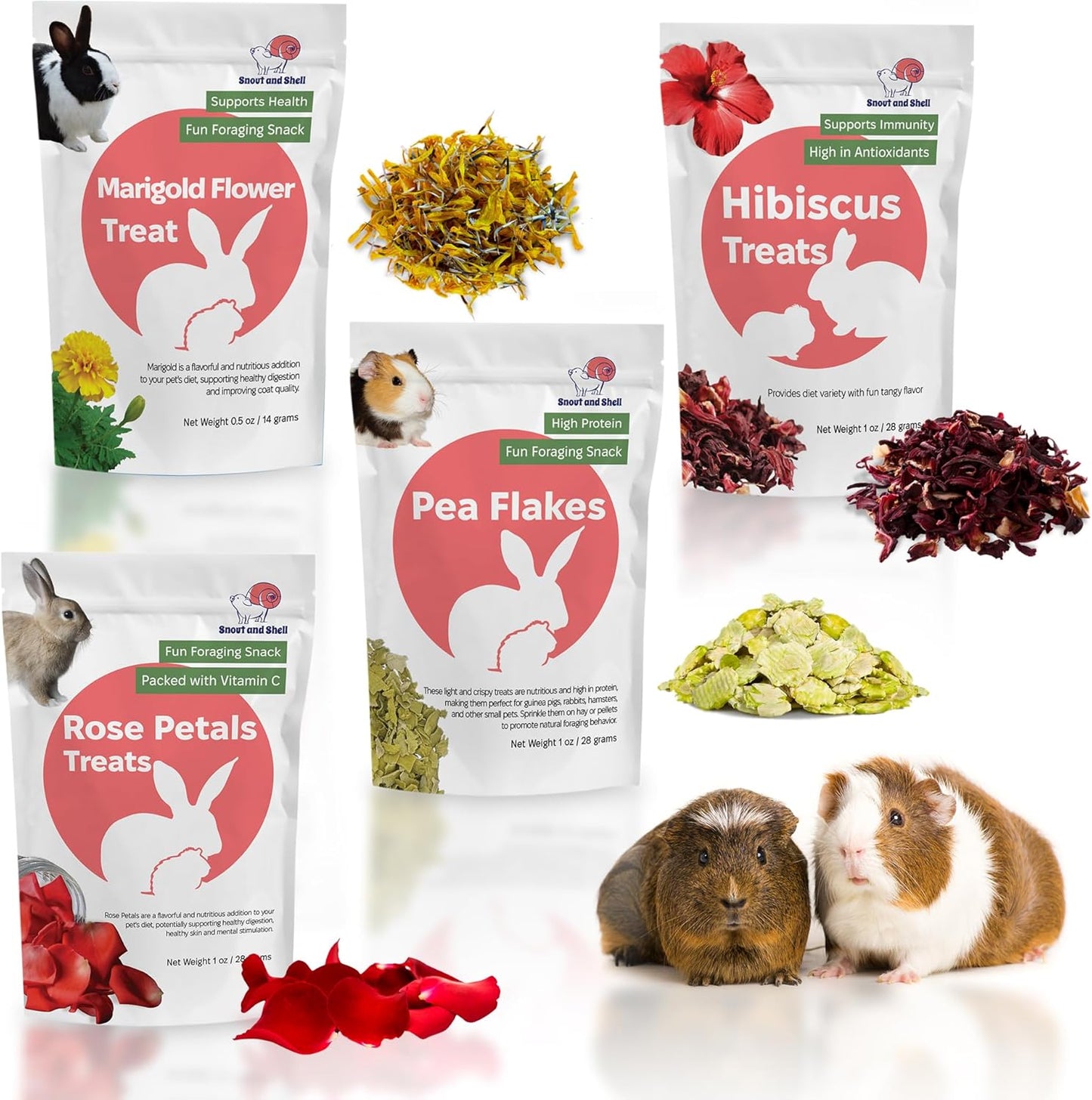 Snout and Shell Floral Favorites 4-in-1 Natural Treats for Small Pets – Pea Flakes, Marigold, Rose Petals & Hibiscus – Healthy Snacks for Rabbits, Guinea Pigs, Chinchillas & More