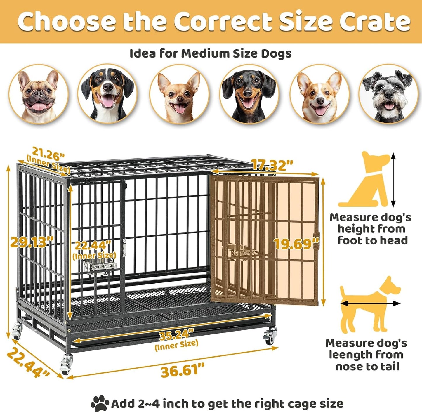 36 Inch Collapsible Dog Crate, Heavy Duty Dog Cage for Small/Medium Dogs, 2-Door Dog Kennel with Top Access, Lockable Wheels, Tray & Metal Floor Grid