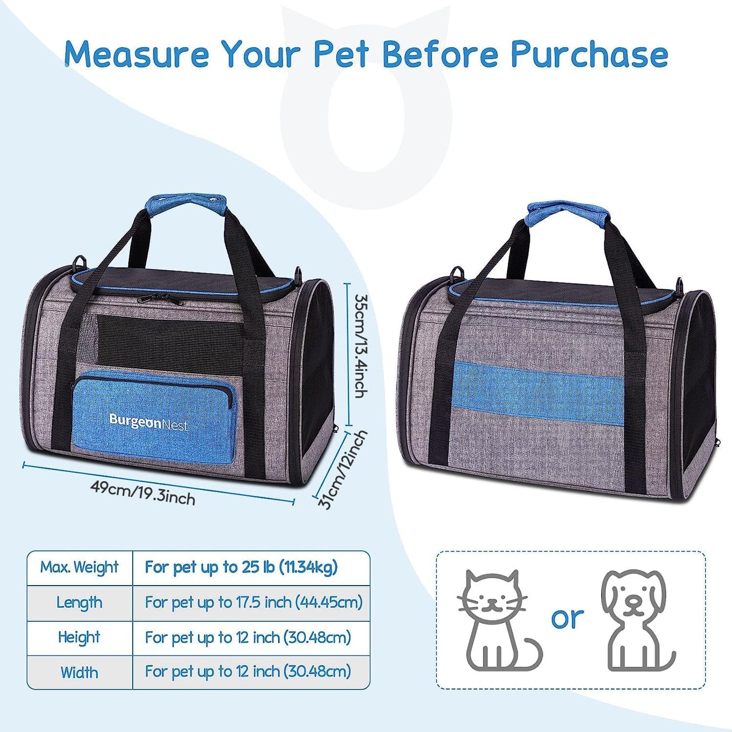 BurgeonNest Cat Carrier for Large Cats 20 lbs, Soft-Sided Pet Carrier for Small Dogs Medium Puppy Under 25 lbs, Puppy Travel Bag with Big Storage Bag, 4 Ventilated Windows, 3 Doors