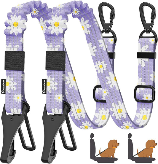 Pawaboo 2Pack Dog Seatbelt for Car, 3-in-1 Dog Car Seat Belt Bungee, Dogs Tether for Cars with Buckle & Hook Latch, Adjustable Reflective Dogs Cars Harness Leash with 360° Lockable Buckle,Light Purple