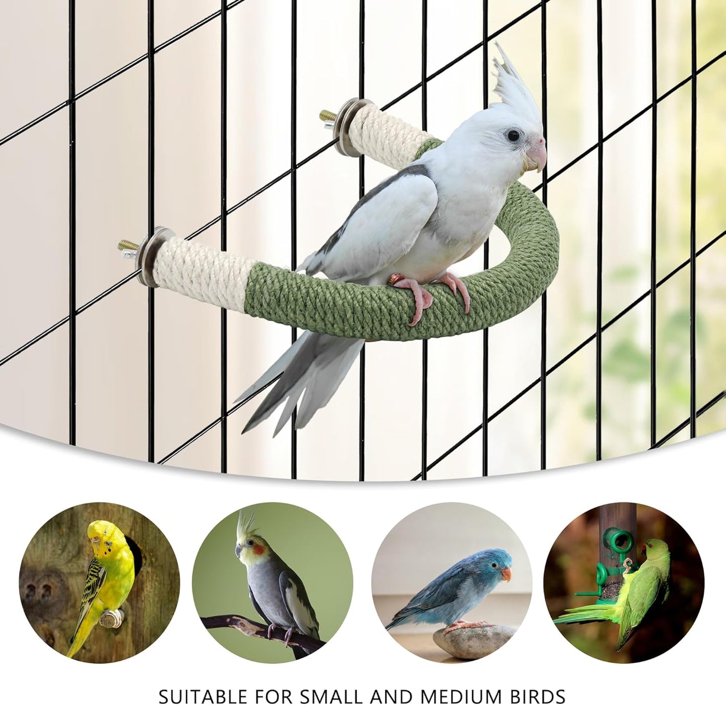 U Shape Hemp Rope Green Wood Parrot Perches for Macaws, Cockatiels, Conures, Finches - Bird Training Educational Stand Toys (Medium-1 Pack)