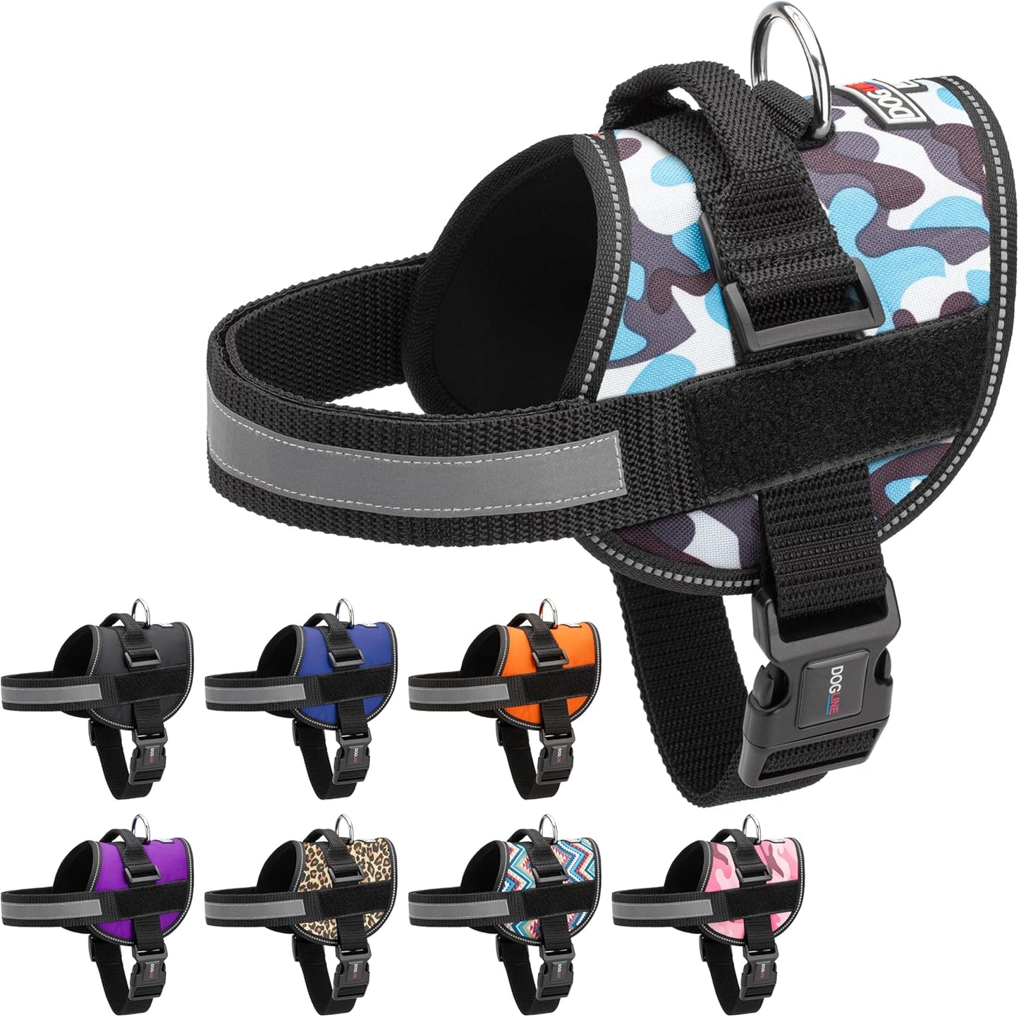 Dogline Dog Harness, Reflective No-Pull Adjustable Vest with Handle for Walking, Training, Breathable, No - Choke Harness for Small, Medium or Large Dogs Room for Patches Girth 27 to 34 in Blue Camo