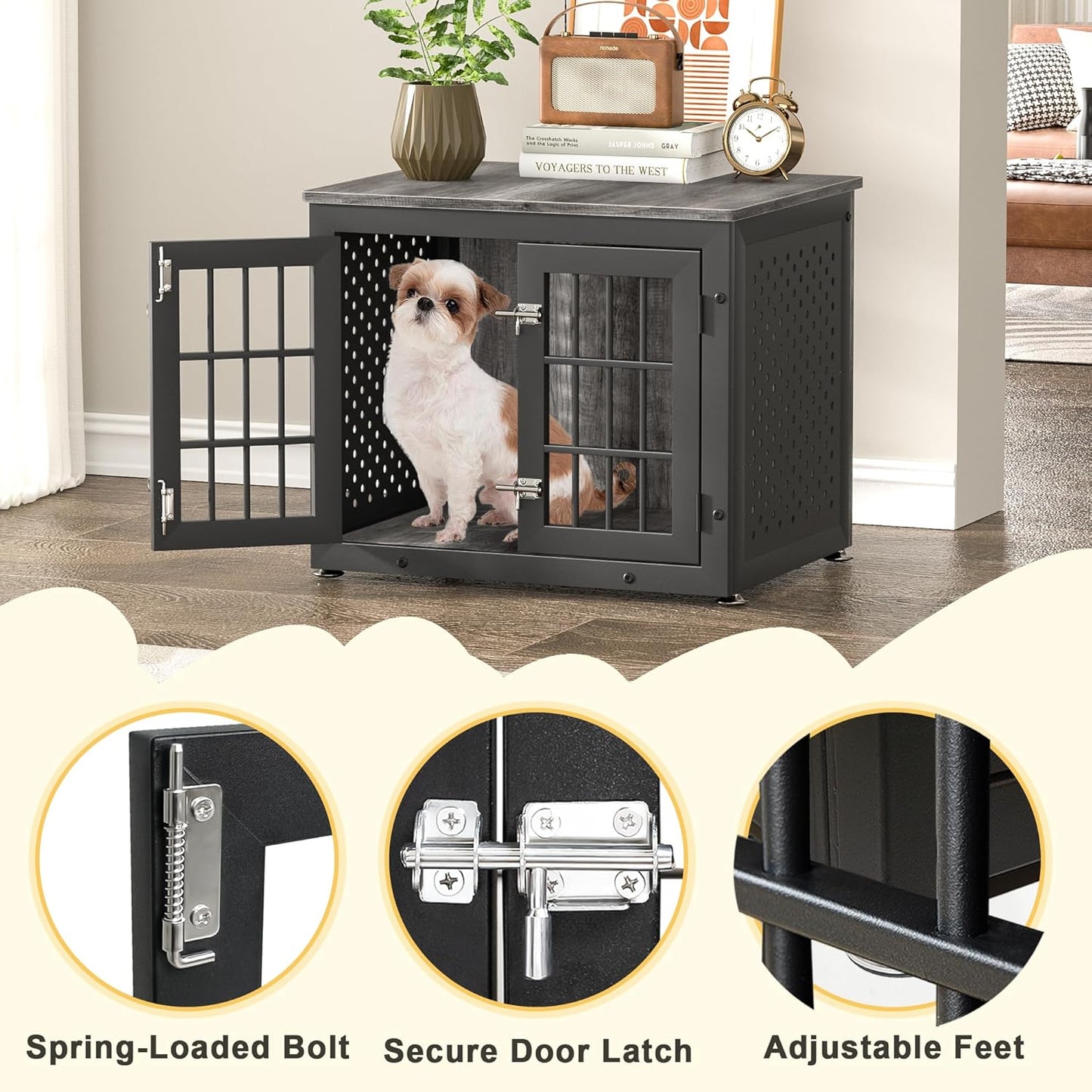 26" Heavy Duty Dog Crate Furniture for Small Dogs, Metal Kennel for High Anxiety Dogs, Chew Proof Pet Cage Indoor, Decorative Dog Kennel End Table