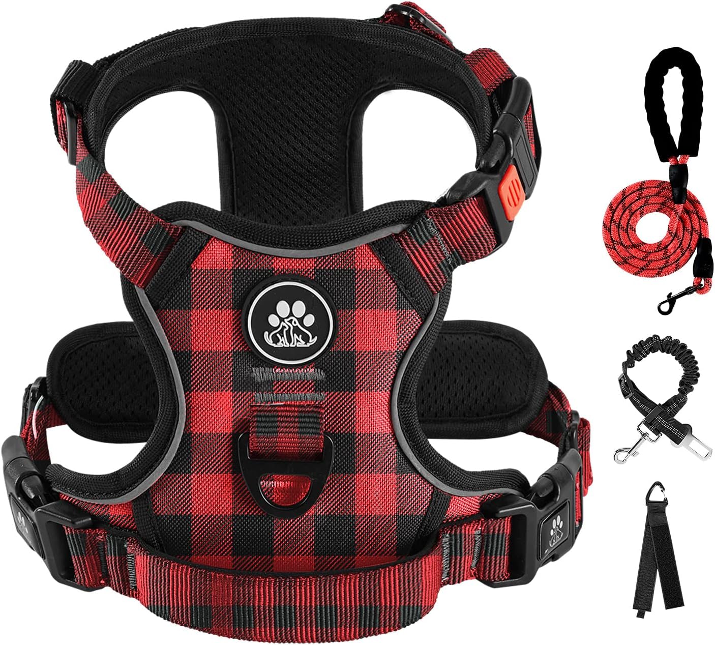 IVY&LANE No Pull Dog Harness with Leash Set, Reflective No Choke Pet Vest,Adjustable Oxford Dog Vest Harness with Easy Control Handle for Large Dogs (Checkered Red,L)