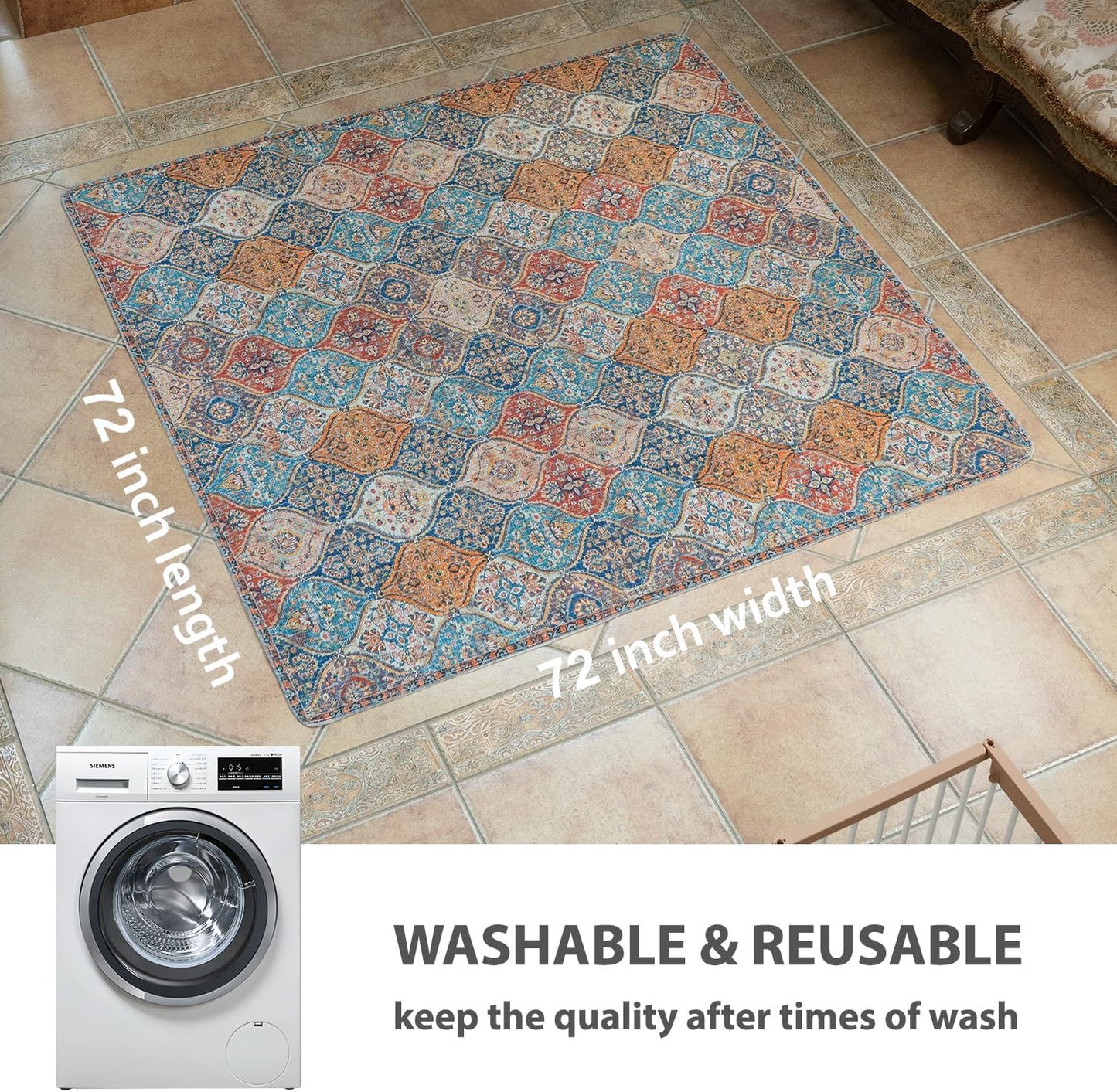 nunubaby Washable Pee Pads for Dogs, Stylish, Non-Slip and Leak-Proof Pee Pads. Reusable Potty Pads for Dogs for Crates and Floors.(Cream/Multi, 72" x72" )