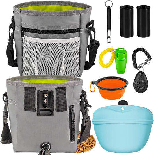 JIURUN Dog Treat Bag, Dog Training Kit - Treat Pouch, Pet Training Fanny Pack, Puppy Training Clicker, 2-in-1 Whistle Clicker, Collapsible Dog Bowl, 2 Dog Poop Bag（Gray）