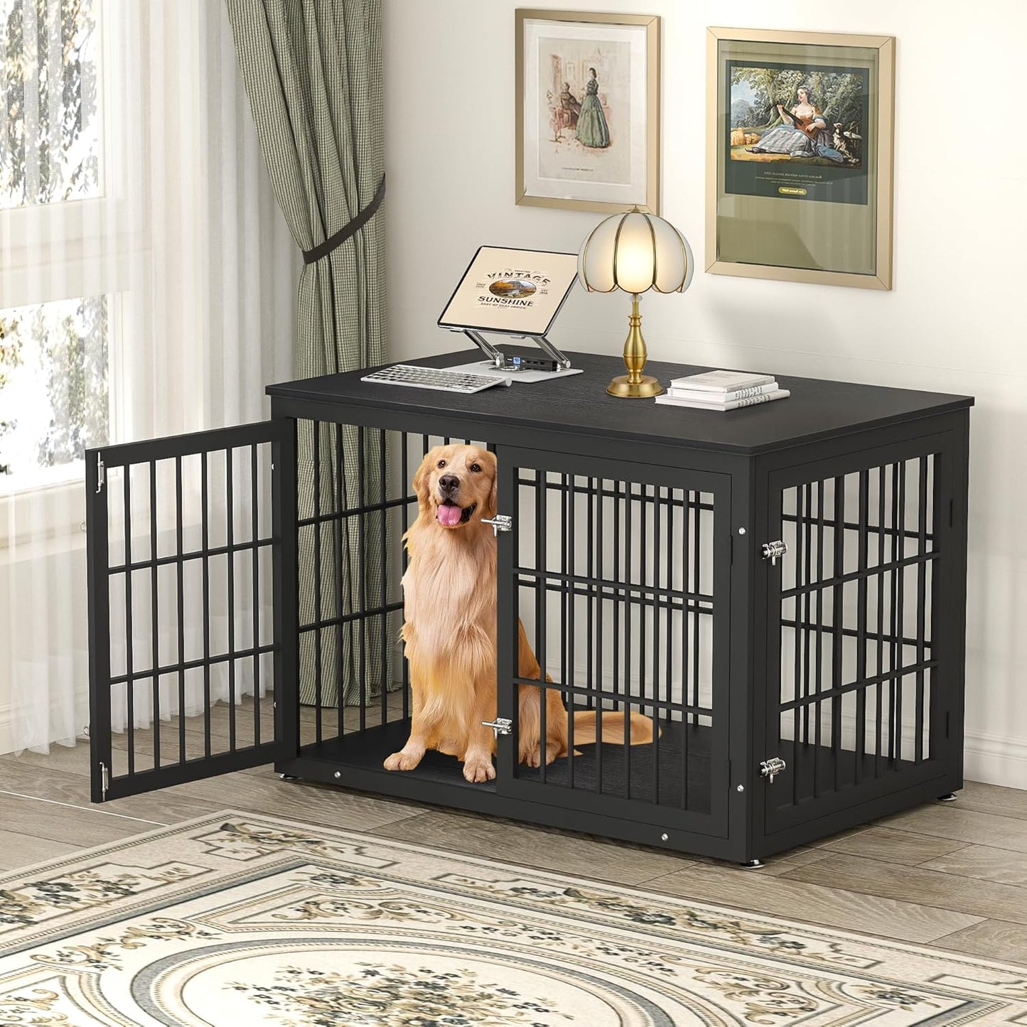 48 Inch Heavy Duty Dog Crate Furniture for Large Dogs, Decorative Pet House End Table, Extra Large Wooden Cage Kennel Furniture Indoor, Black