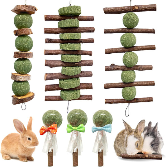 3 Pcs Bunny Chew Toys with 3 Pcs Rabbit Chew Lollipop for Teeth Grinding, Improve Dental Health, Treats for Rabbits Guinea Pigs Chinchillas Bunnies Hamsters