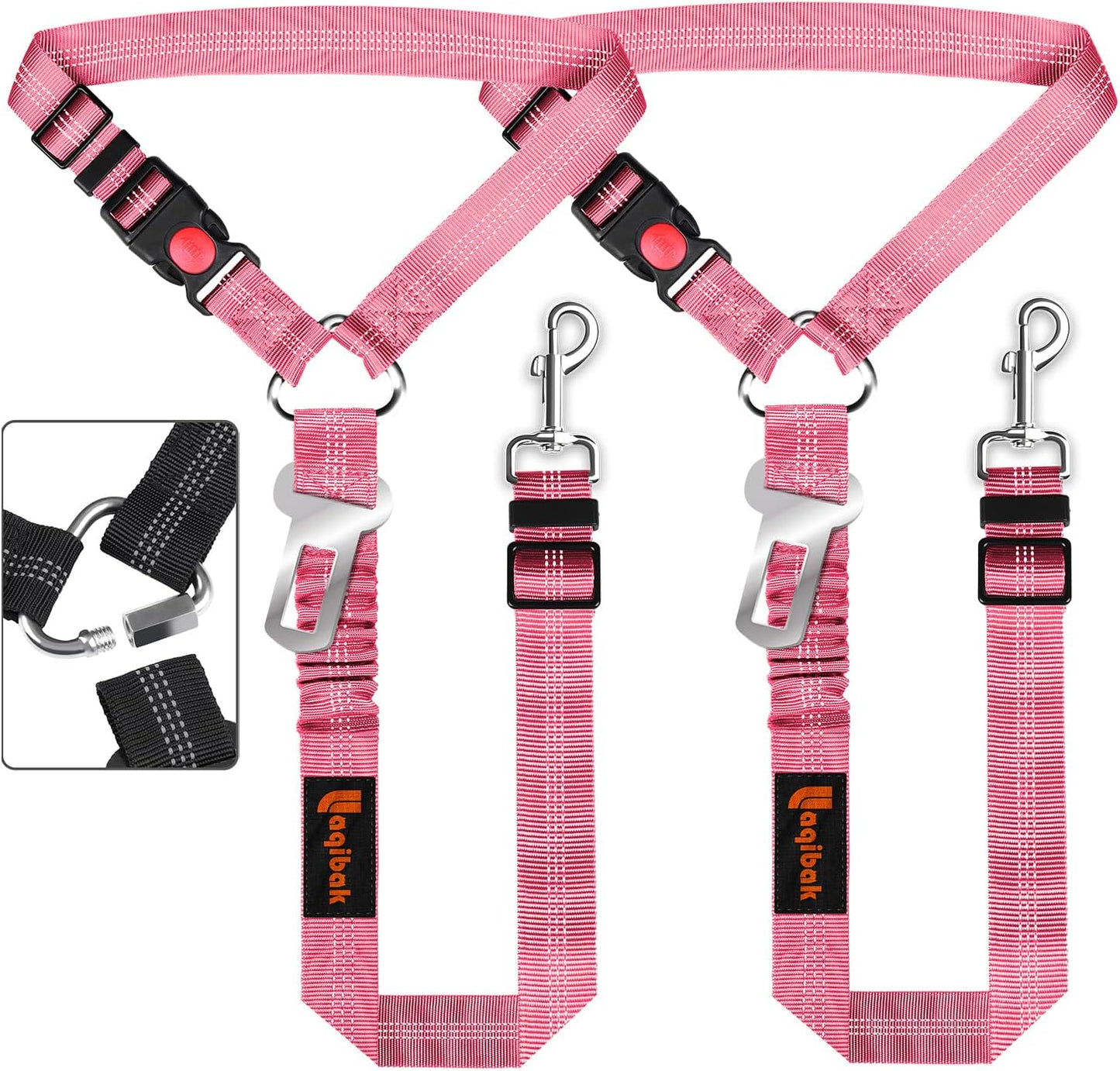 Removable Dog Seat Belt Harness for Car, 3 in 1 Pet Dog Car Seatbelt Leash, Retractable Restraint Secures to Vehicle Headrest & Adjustable Reflective Bungee Dog Seatbelt Tether, Pink
