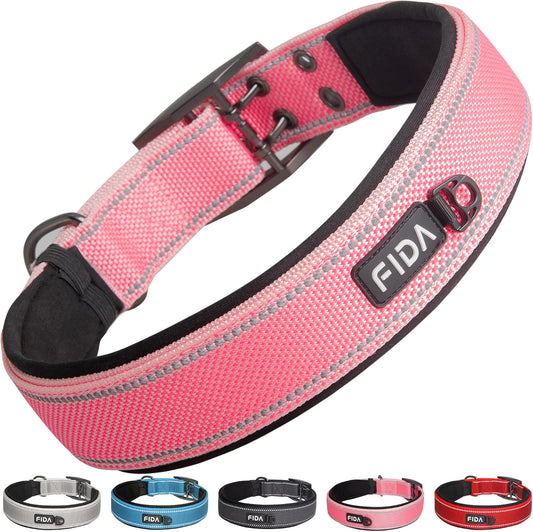 Fida Heavy Duty Dog Collar 1.5” Width, Ultra Soft Neoprene Padded, Adjustable Reflective Nylon Pet Collar with Two Metal Pin Belt Buckle for Large/X-Large Breeds (XL, Pink)