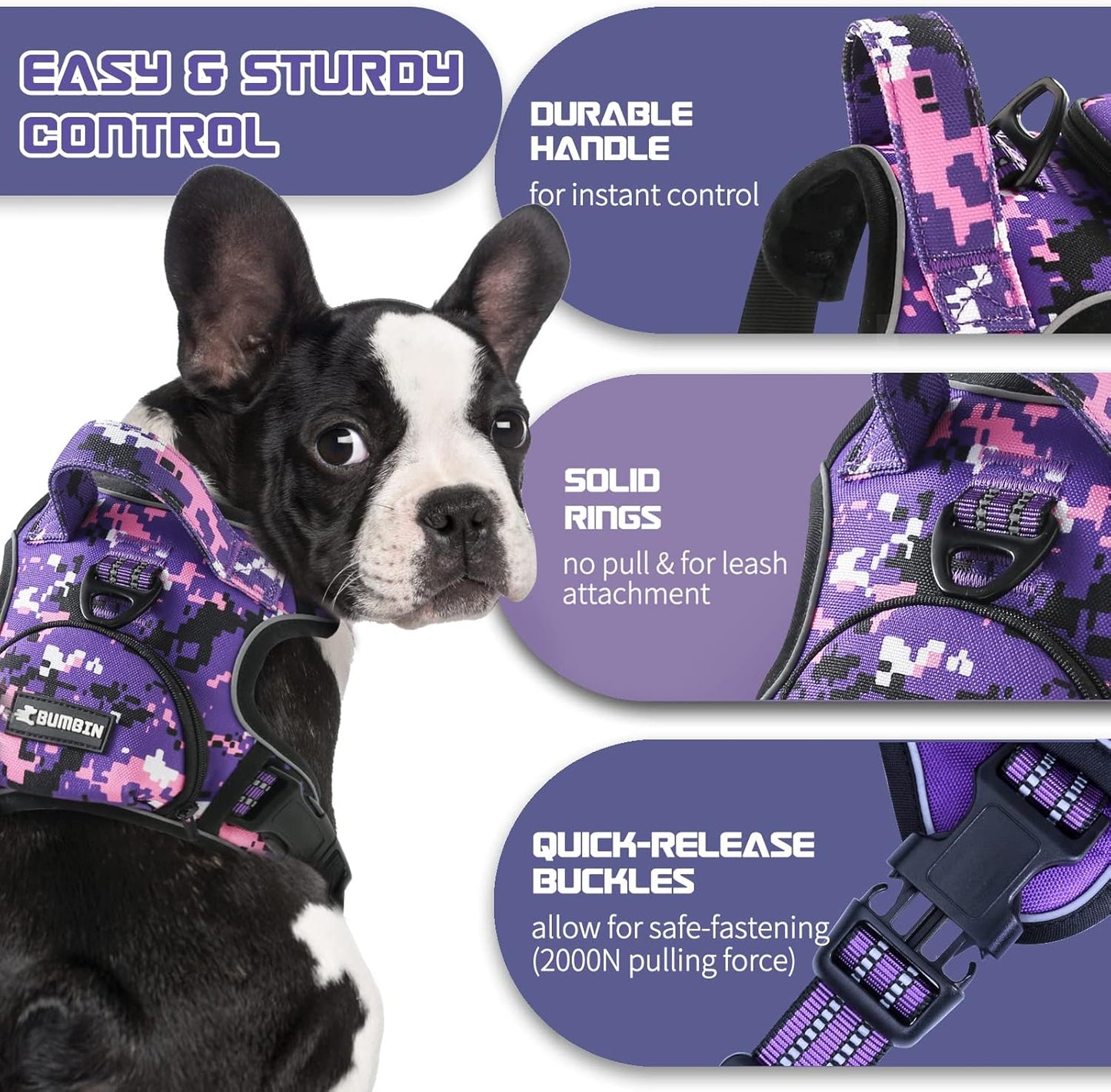 No Pull Dog Harness for Large Dogs, Adjustable No Choke Pet Vest with Dog Leash Fit Smart Reflective Pet Walking Harness for Training Easy Control Soft Handle Purple Camo XL