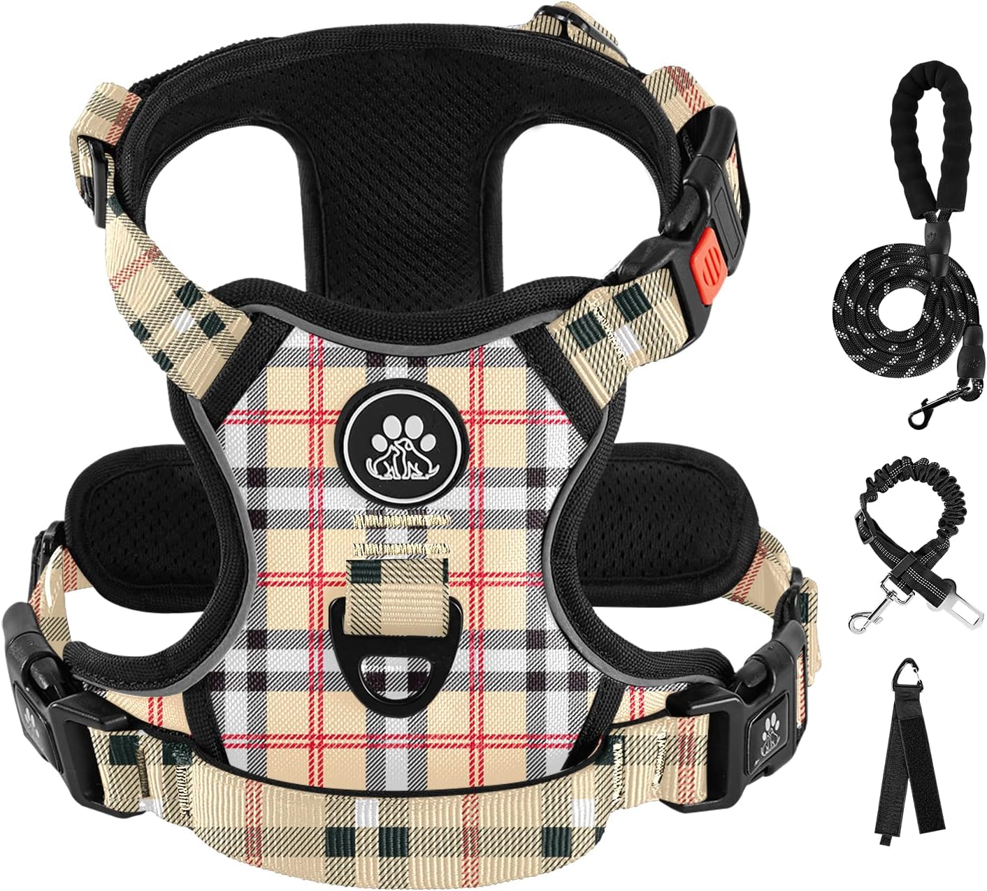IVY&LANE No Pull Dog Harness with Leash Set, Reflective No Choke Pet Vest,Adjustable Oxford Dog Vest Harness with Easy Control Handle for Large Dogs (Checkered Beige,L)