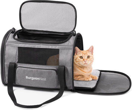 BurgeonNest Cat Carriers for Small Cats Under 15, Medium Puppy Under 25 lbs Large Pet 20 lbs Soft Sided Pet Carrier with Unique Side Bag (Medium, Grey)